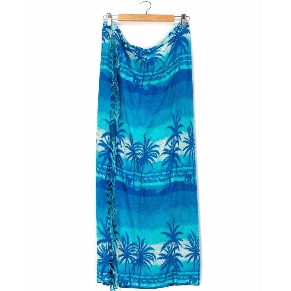 In Gear Tropical Palm Tree Wrap Skirt Sarong Blue Rayon Fringe Beach  Resort